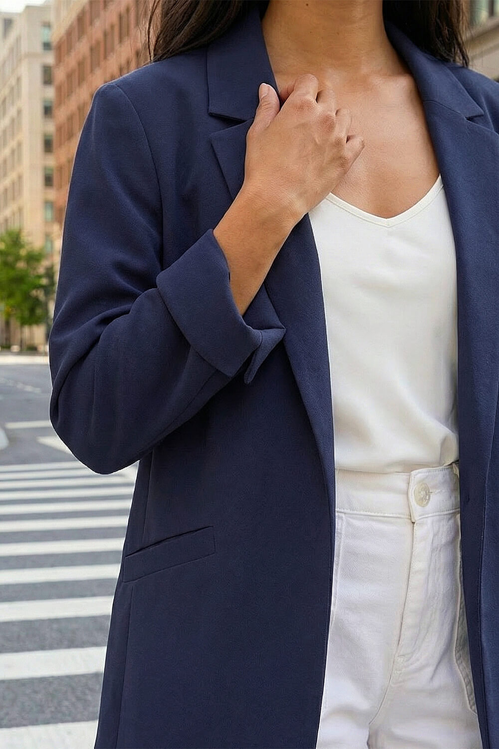 Navy Petite Revere Collar Stretch Blazer, Image 5 of 4