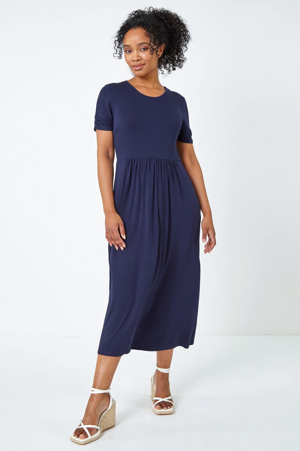 Navy Petite Gathered Waist Midi Stretch Dress, Image 3 of 5