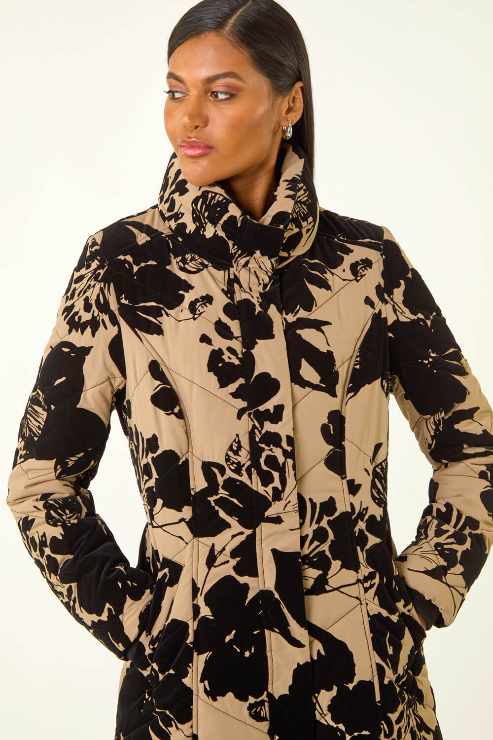 Cream Floral Flock Detail Padded Coat, Image 5 of 5