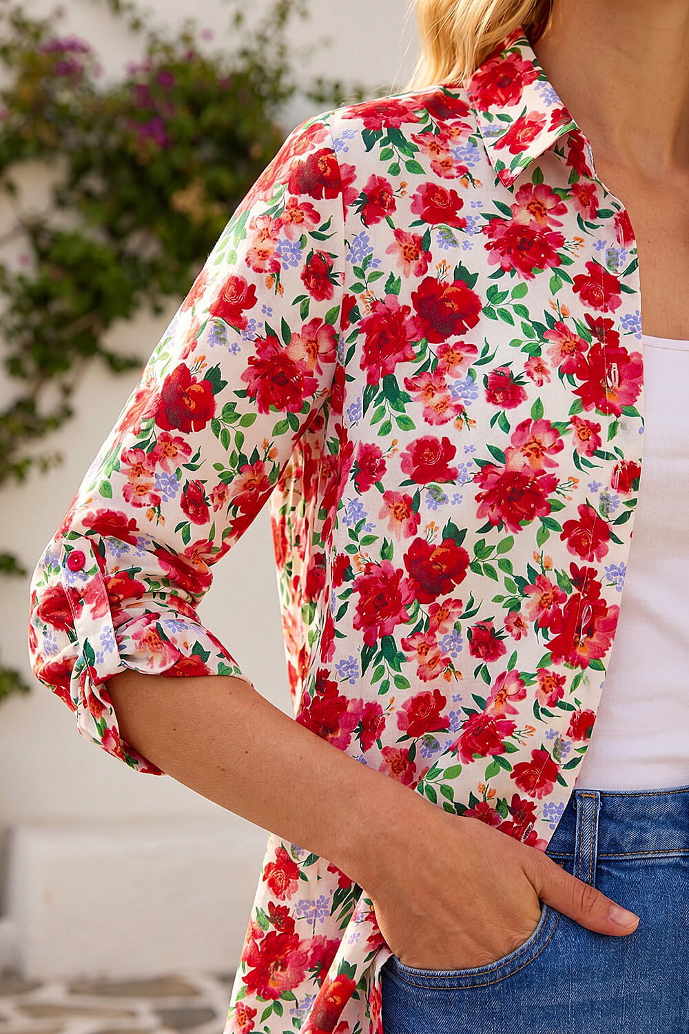 Red Floral Collared Tab Sleeve Shirt, Image 4 of 4