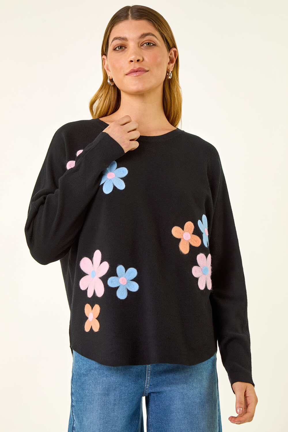 Black Floral Embroidery Knit Jumper, Image 5 of 6