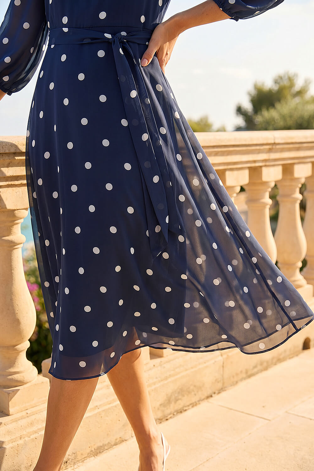 Navy Polka Dot Chiffon Pleated Midi Dress , Image 5 of 4