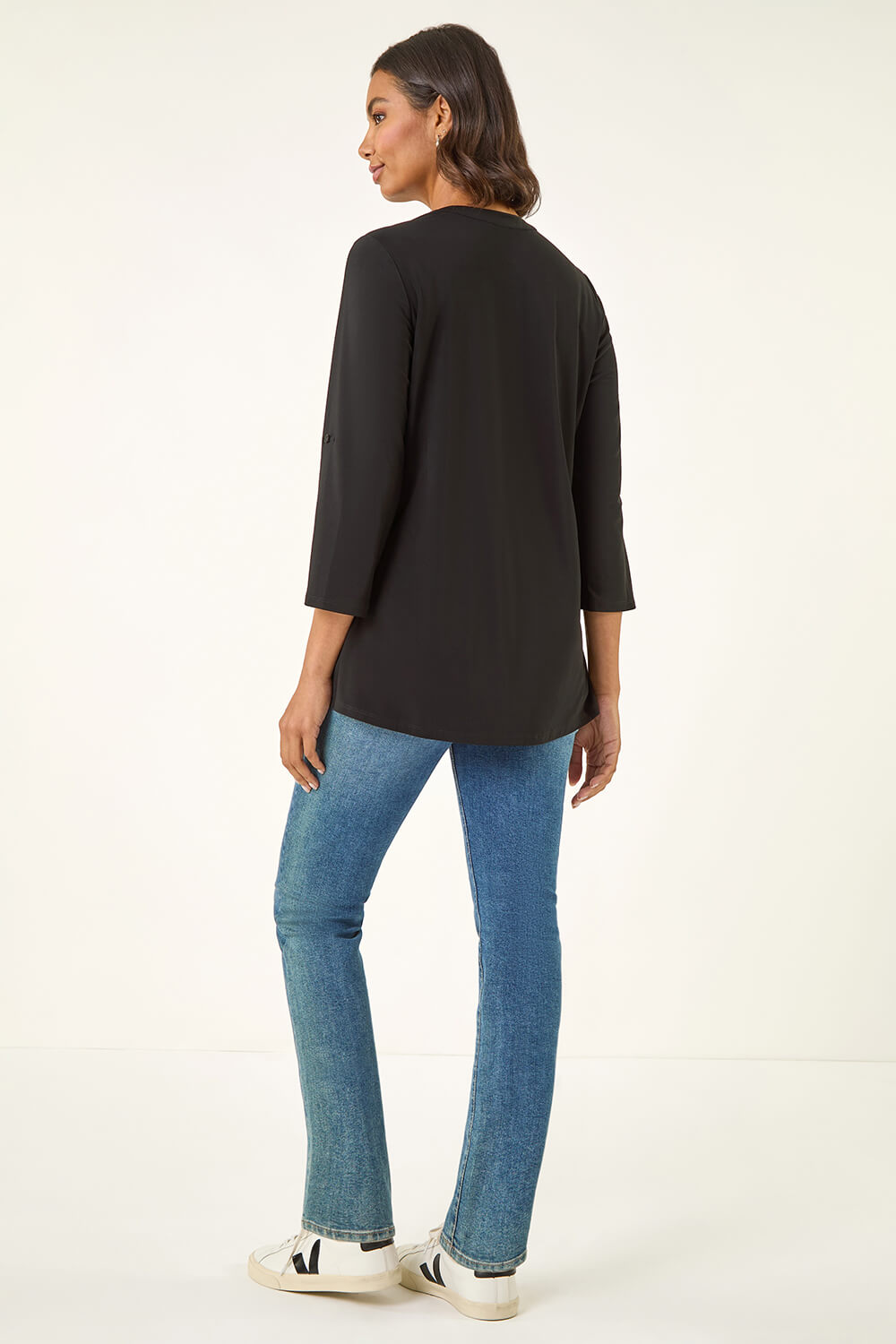 Black Pintuck Button Stretch Top, Image 4 of 5