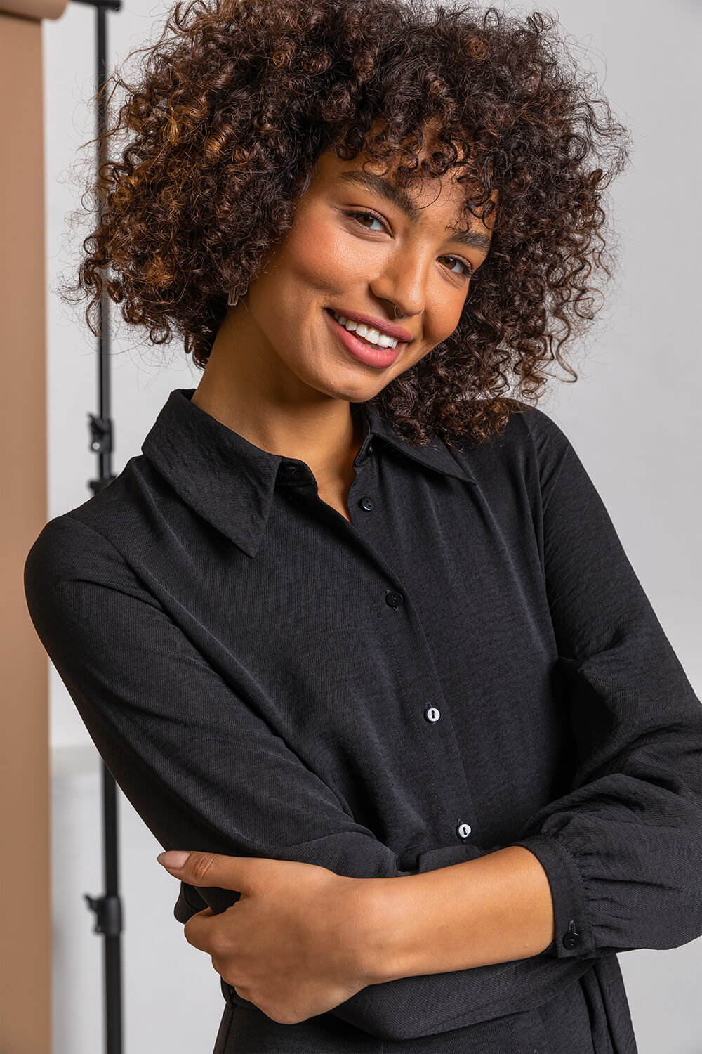 Black Tiered Midi Shirt Dress, Image 5 of 5