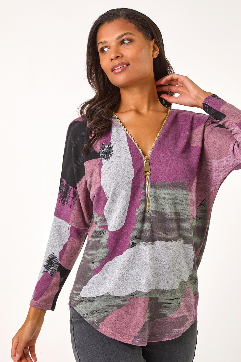 Mauve Brushed Print Zip Detail Top, Image 5 of 5