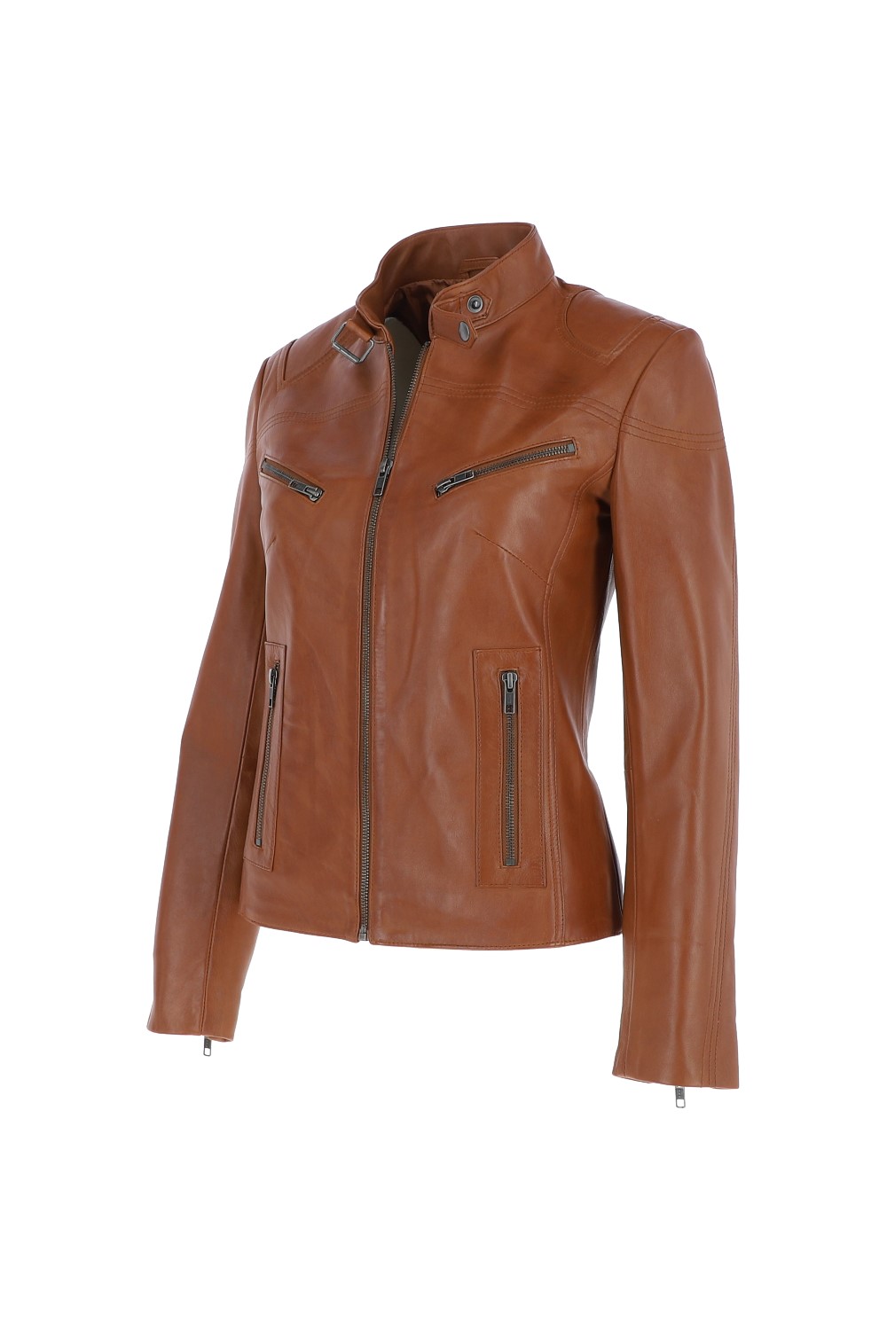 Tan 'lolita' Real Leather Mandarin Collar Biker Jacket, Image 3 of 5