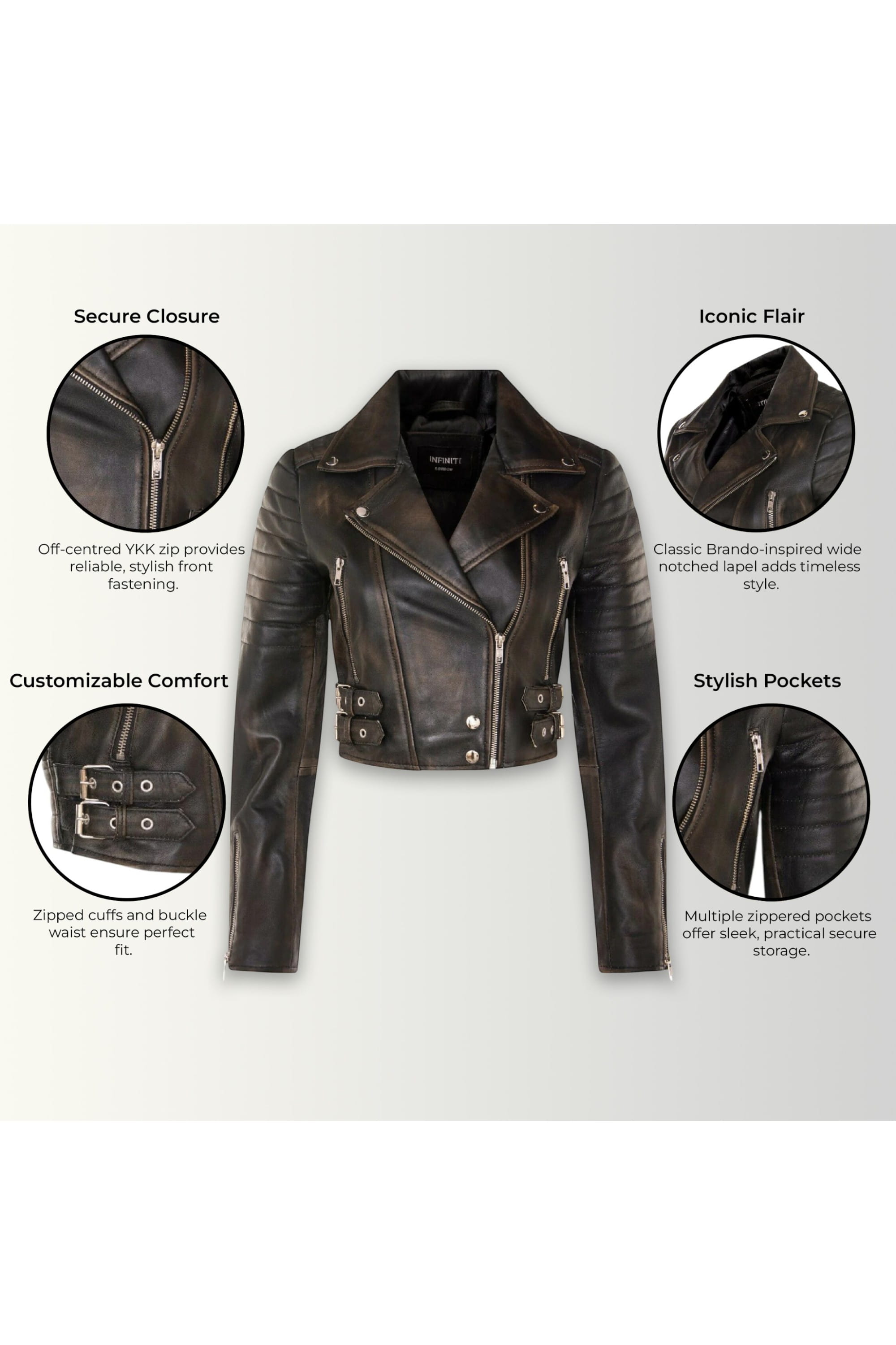 Tortoishell Infinity Leather Tortoishell Brando Cropped Leather Jacket-Longtown, Image 3 of 6