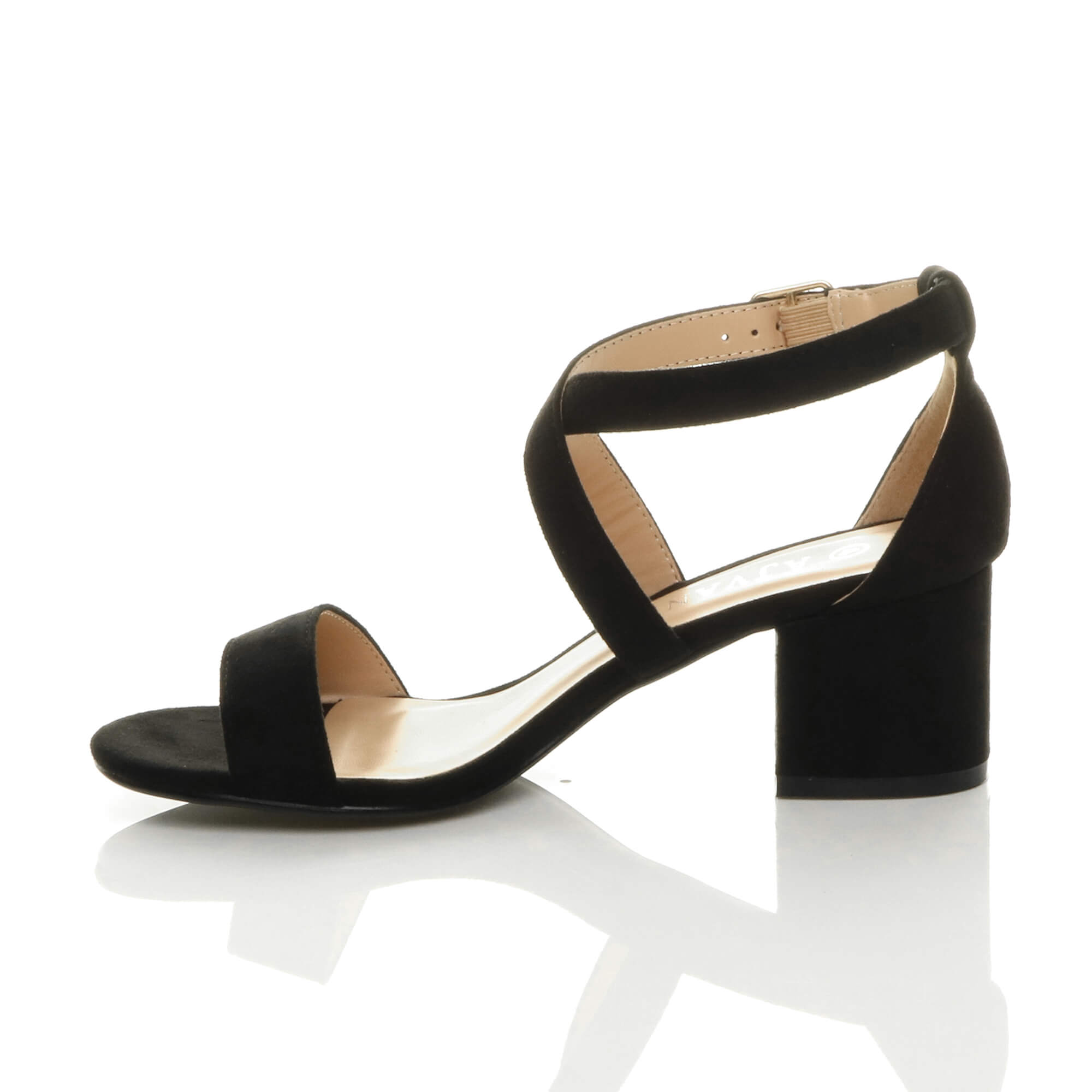 Black AJVANI Black Mid Block Heel Crossed Straps Sandals, Image 3 of 6