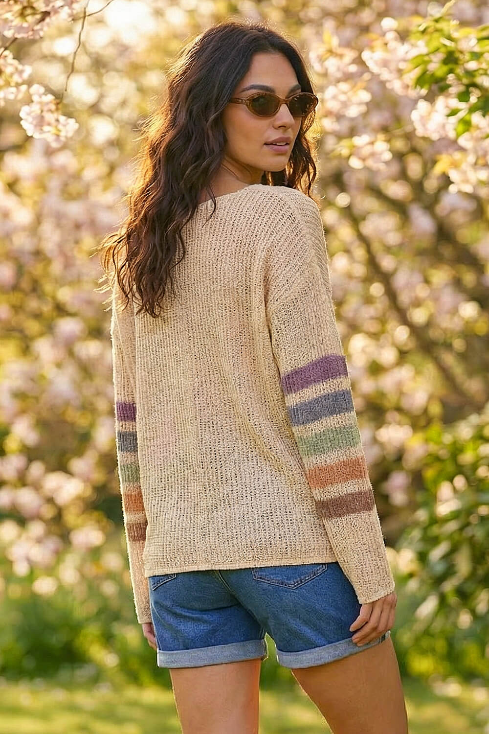 Beige Stripe V-Neck Knit Jumper, Image 4 of 4