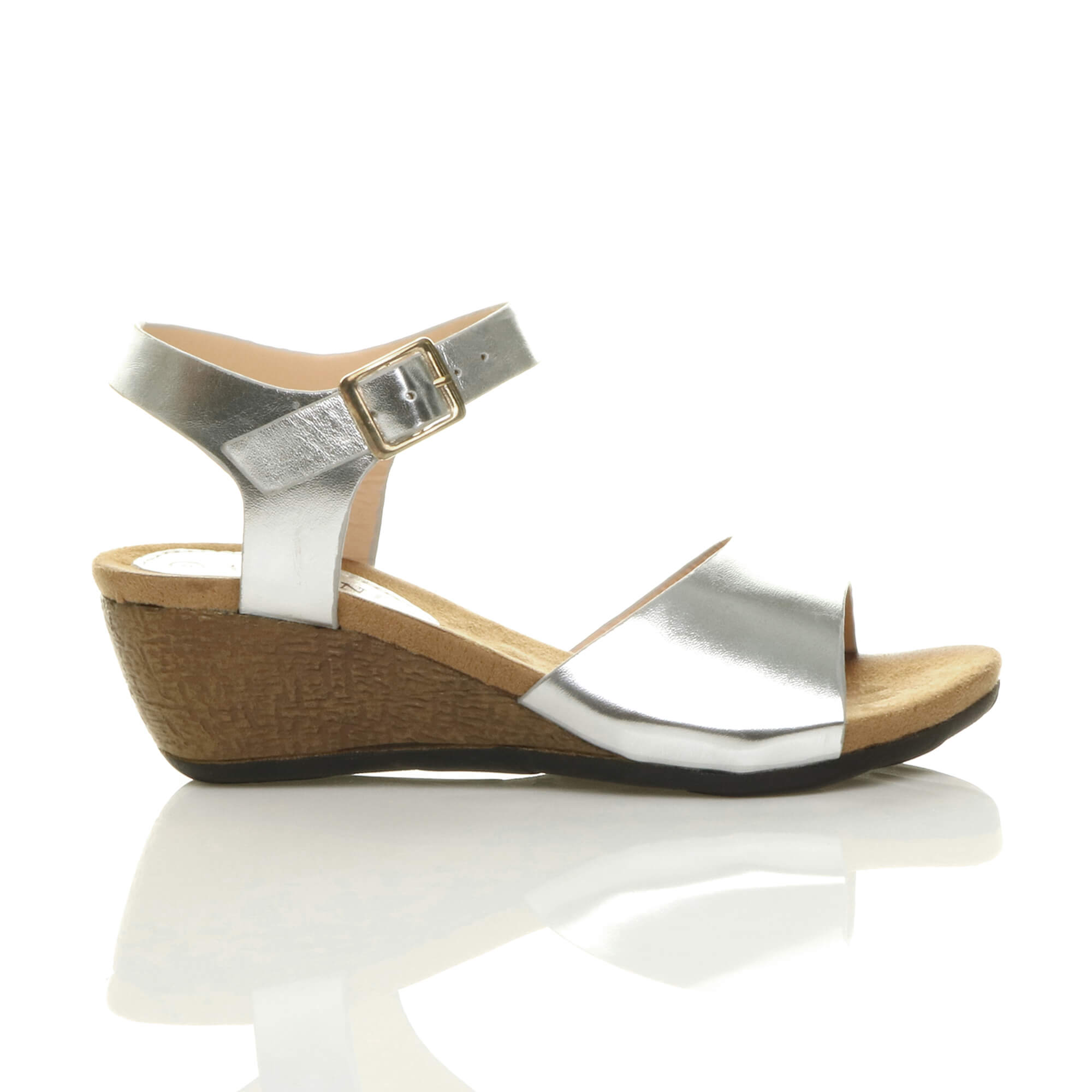 Silver Low Wedge Heel Buckle Sandals, Image 2 of 7