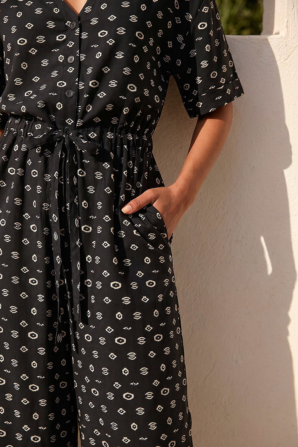 Black Petite Border Print Cropped Jumpsuit, Image 5 of 4