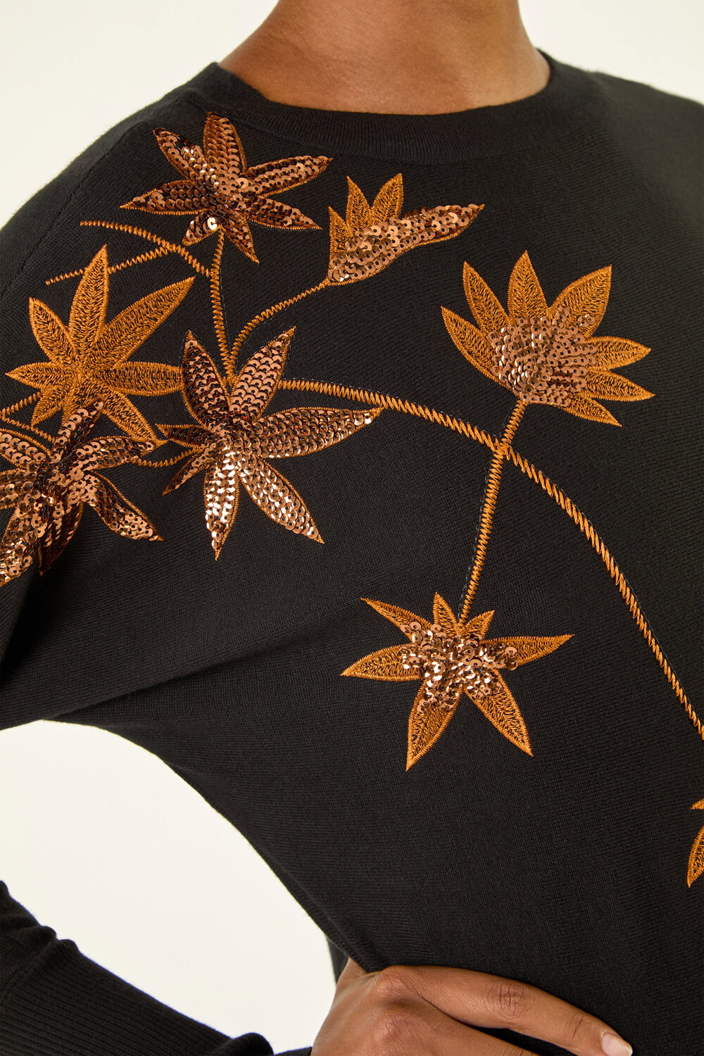 Black Sequin Floral Embroidered Knit Jumper, Image 6 of 5