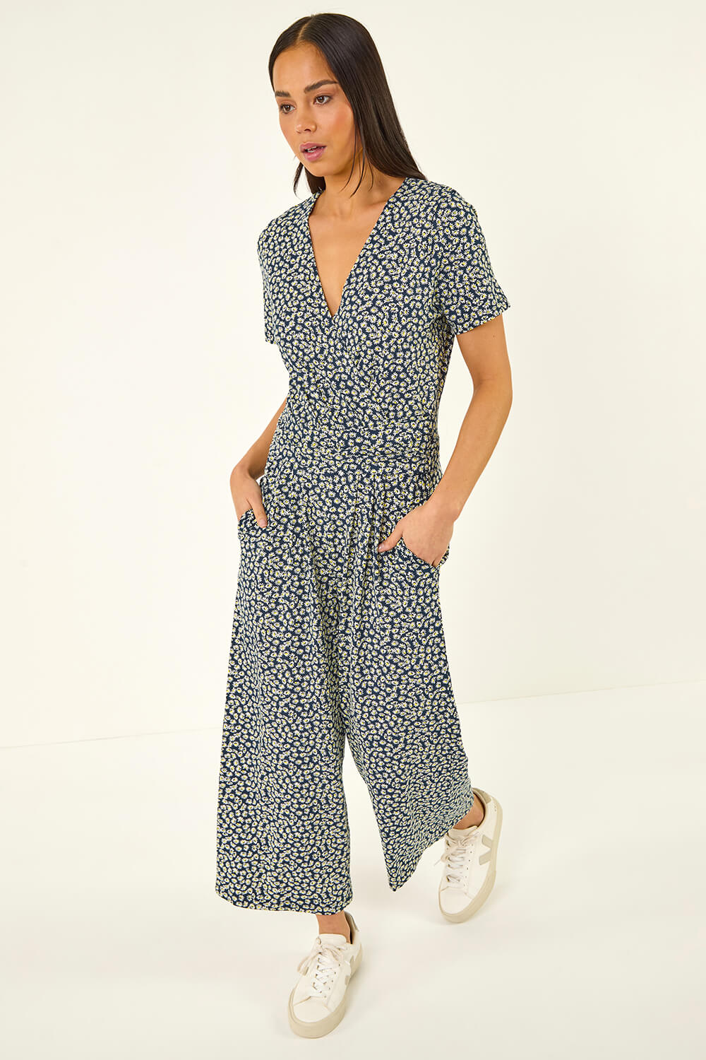 Navy Petite Daisy Print Wrap Jumpsuit, Image 1 of 5