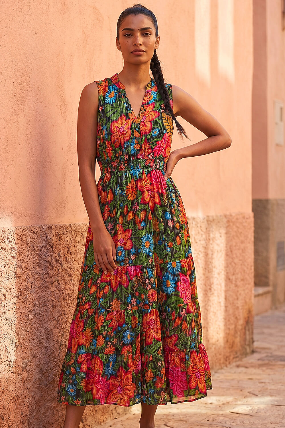 Red Floral Shirred Maxi Dress, Image 1 of 4