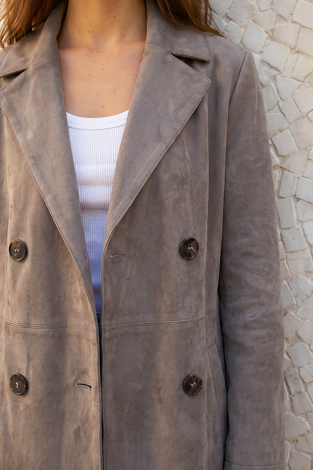 Taupe Petite Faux Suede Trench Coat, Image 5 of 4