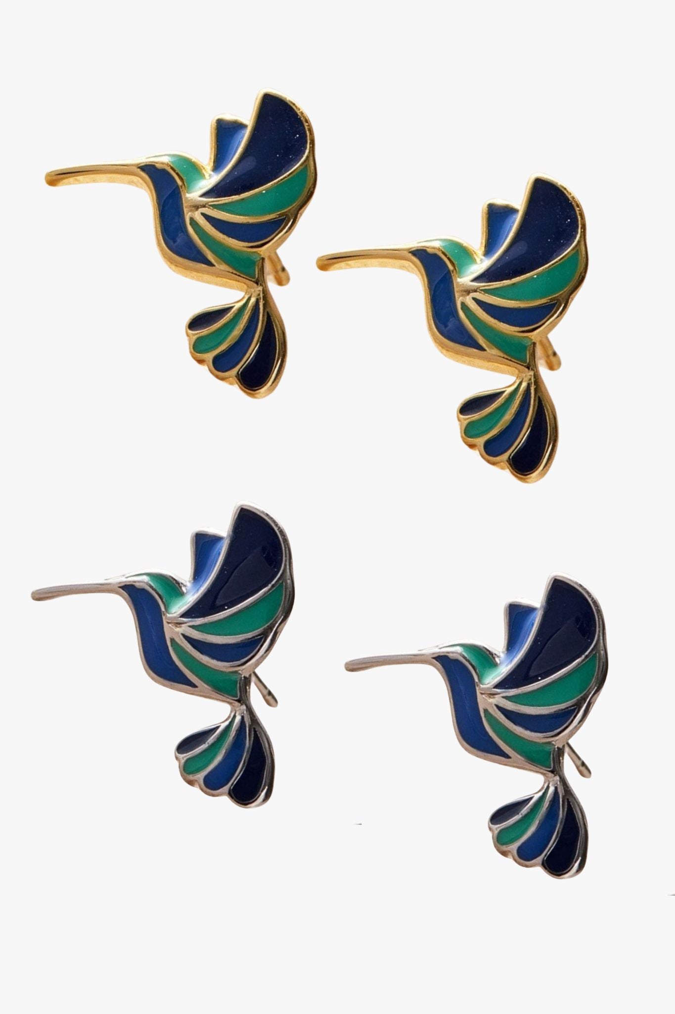 Gold Sterling Silver Blue Hummingbird Studs, Image 1 of 2