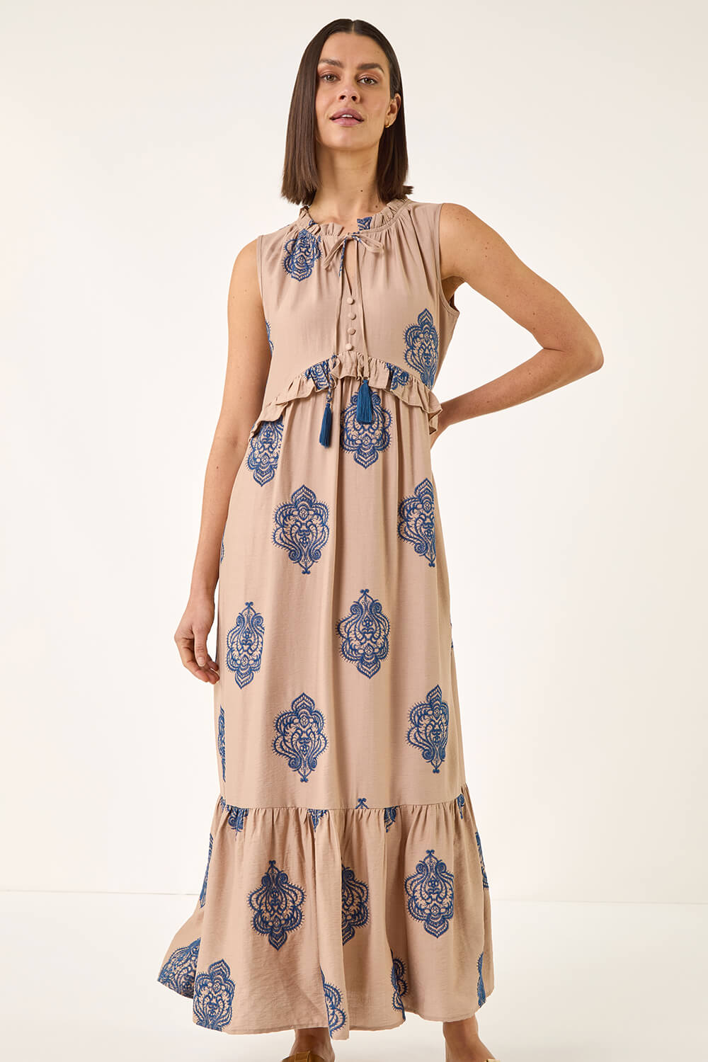 Mocha Embroidered Tie Front Maxi Dress , Image 5 of 5