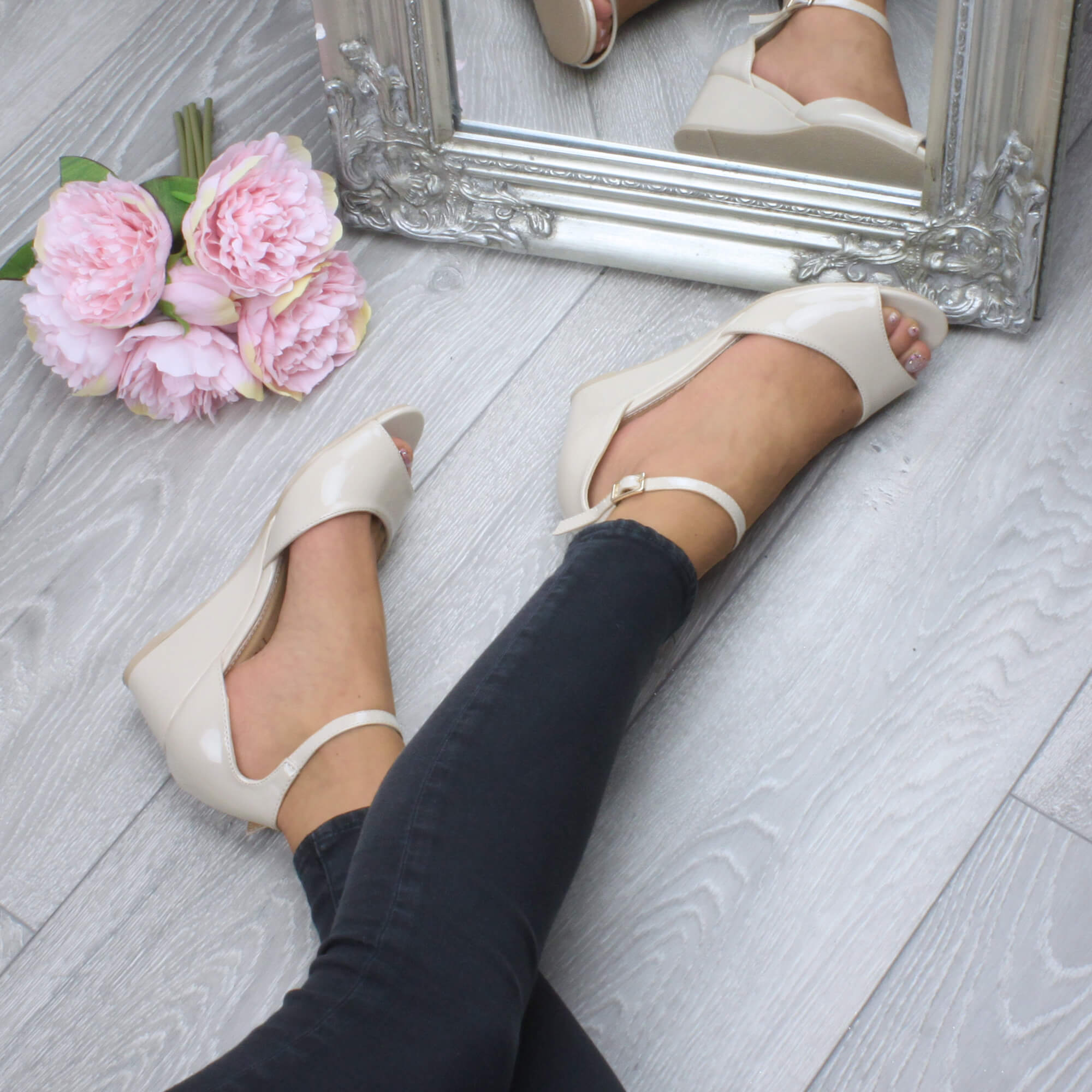 Natural AJVANI Natural Mid Wedge Heel Ankle Strap Sandals, Image 5 of 6