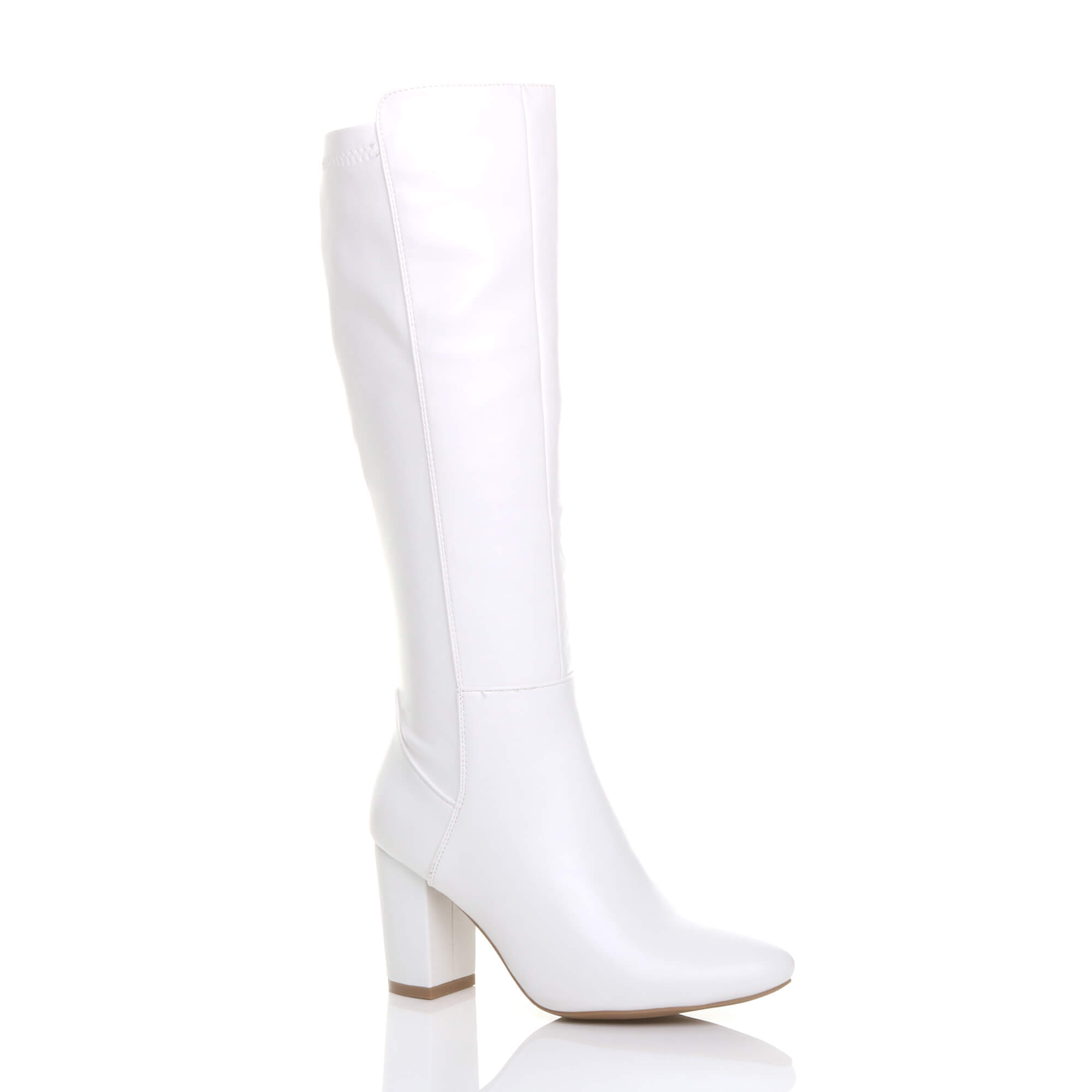 White High Block Heel Stretchy Calf Boots, Image 2 of 5