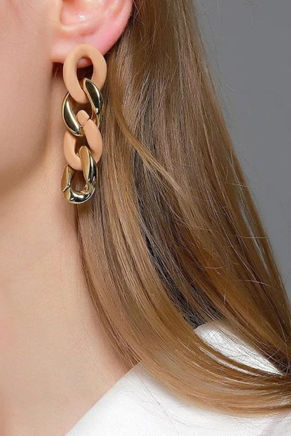 Beige Black and Khaki Rubber Chain Tassel Long Drop Punk Dangle Earring, Image 1 of 3