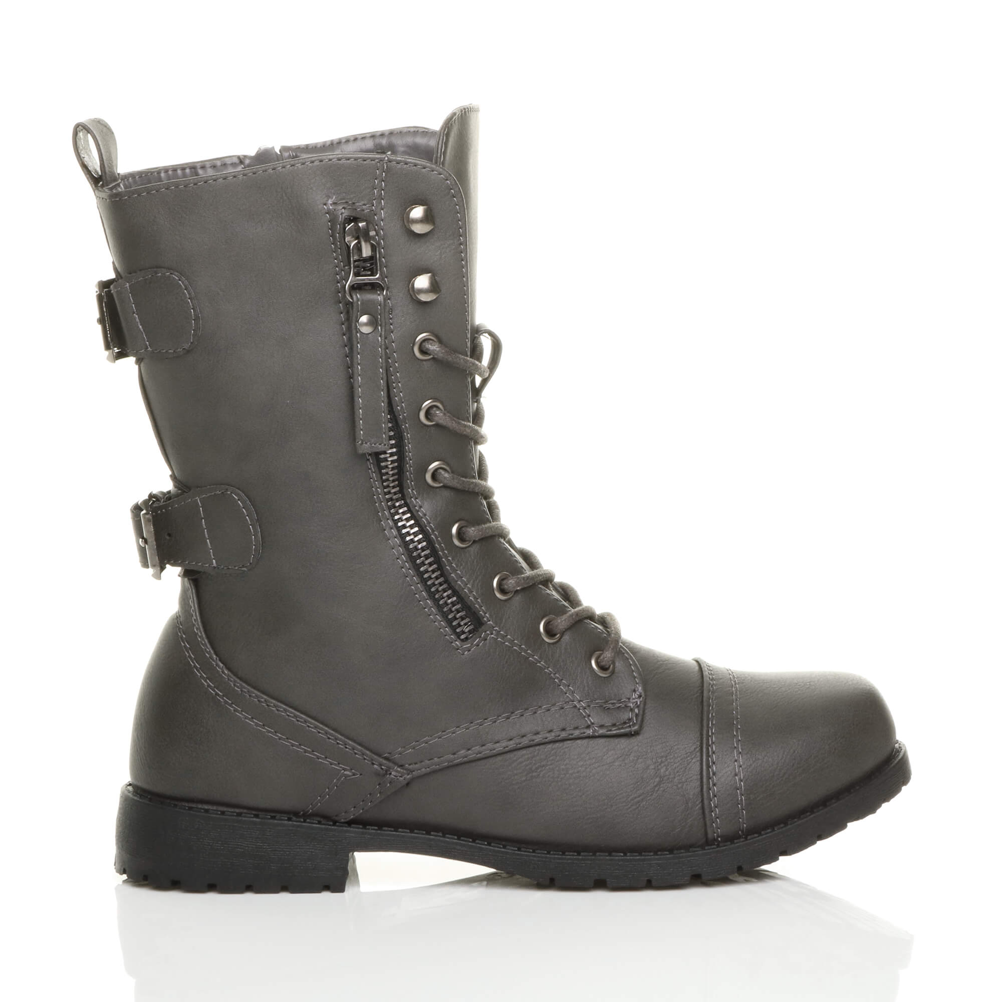 Grey AJVANI Grey Lace Up Zips Military Biker Ankle Boots, Image 2 of 6
