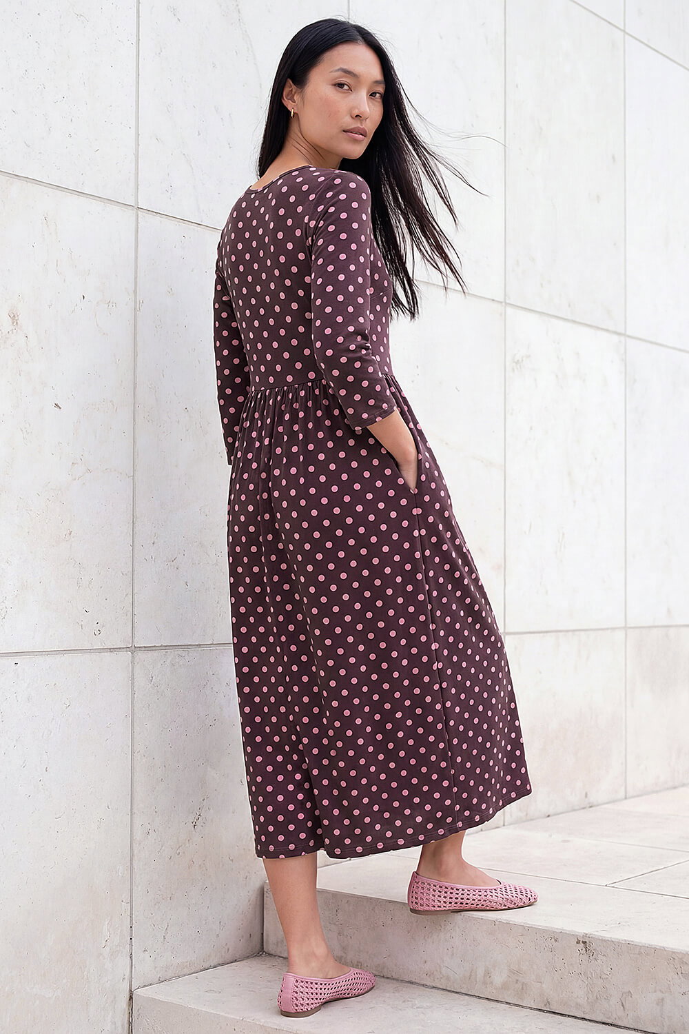 Pink Polka Dot Print Pocket Dress, Image 4 of 4