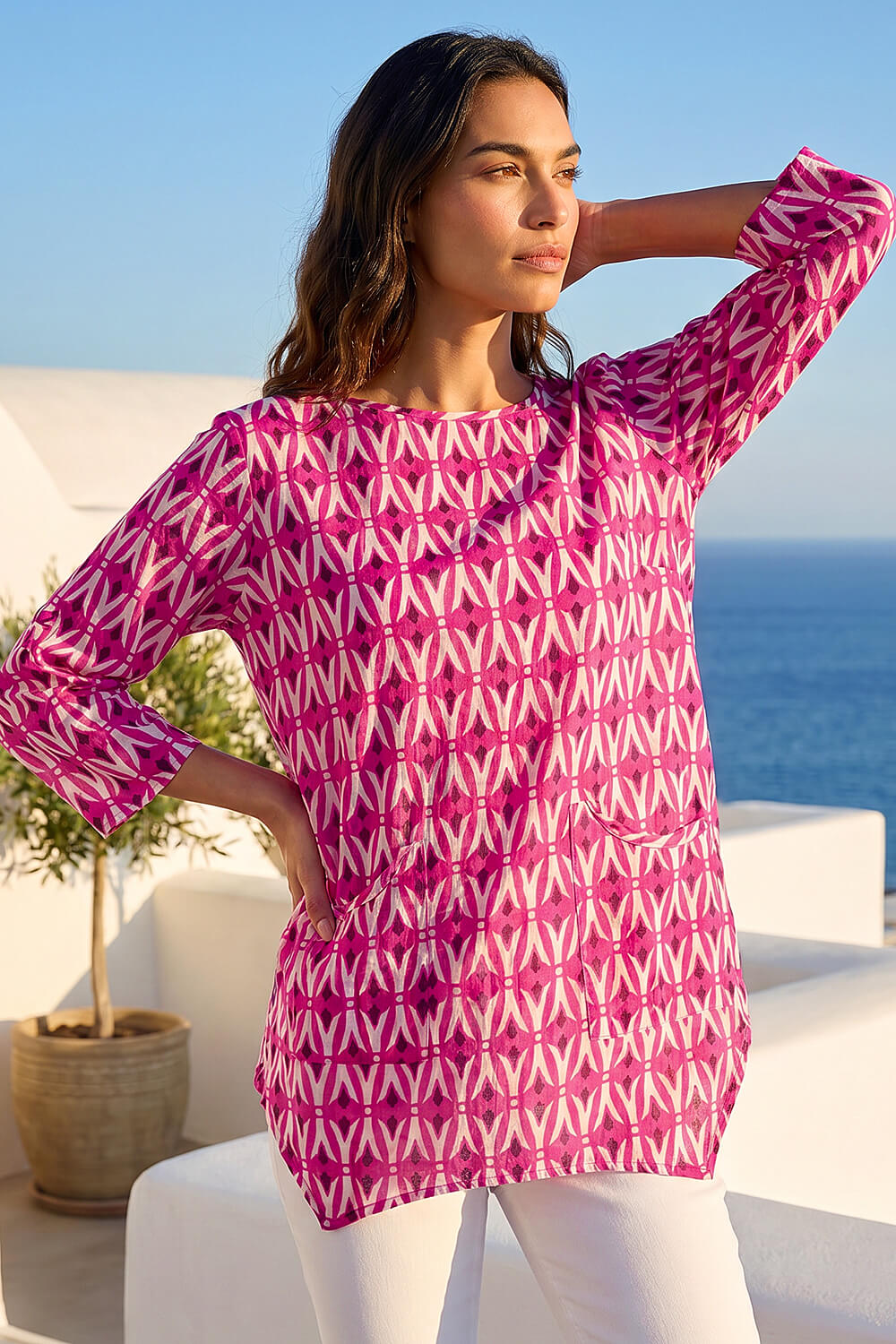 Roman Women's Pink Cotton Geometric Pocket Longline Tunic Top Size 20