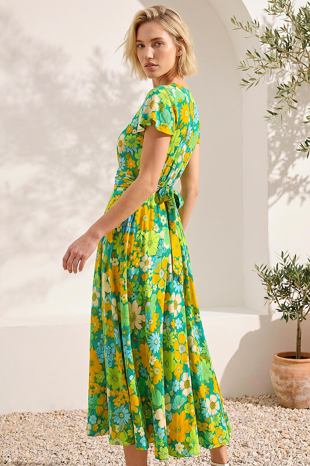 Yellow Floral Ruched Midi Dress, Image 4 of 4