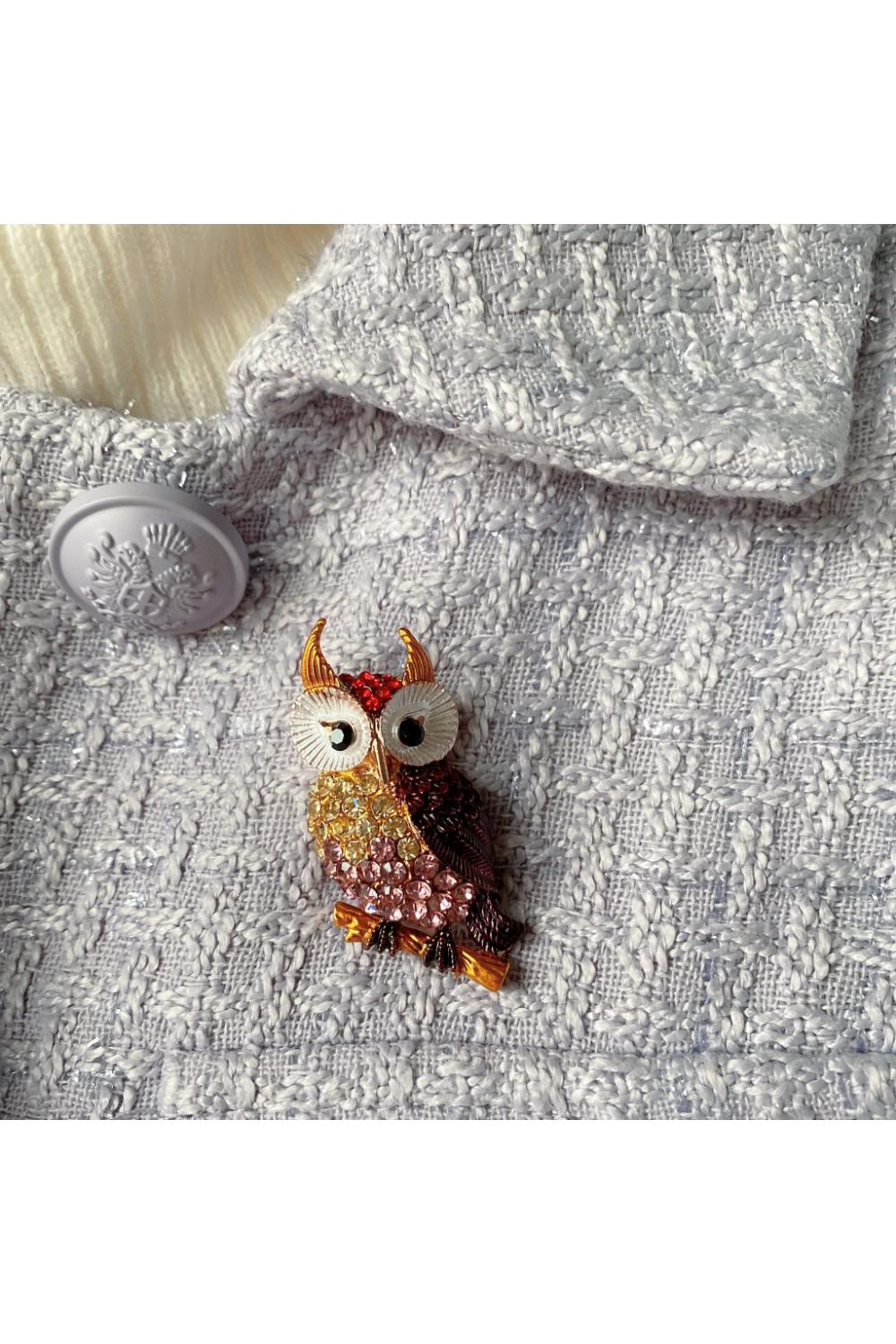 Gold Owl Brooch with Diamante, Image 1 of 2