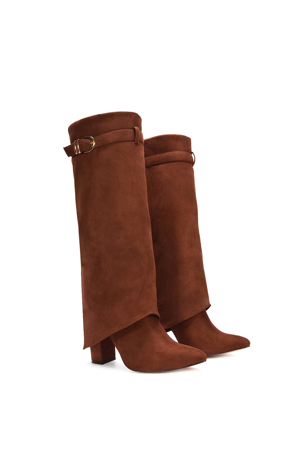 Brown XY LONDON Brown 'Aaliyah' Fold Over Boots Block Heel Buckle Point Toe, Image 3 of 6