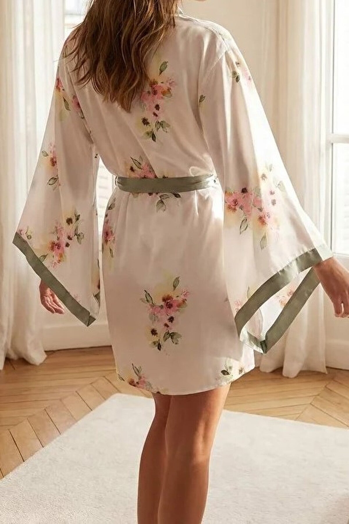 Multi 2 Piece Satin Nightdress Set with Belted Floral Robe, Image 6 of 7