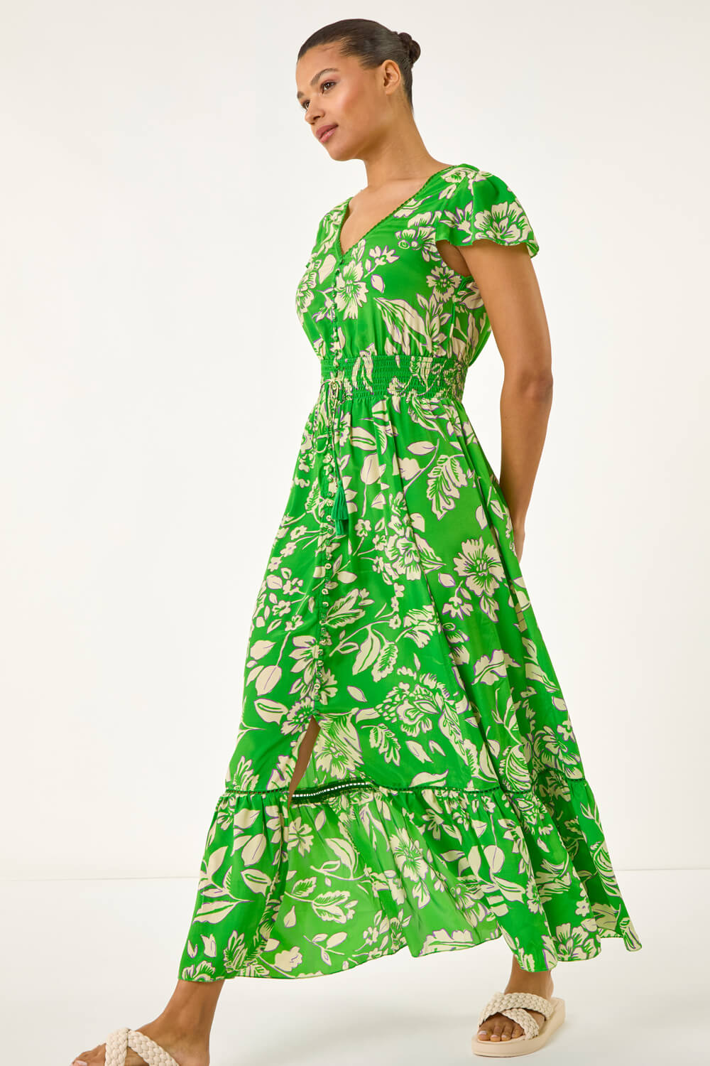 Green Floral Frill Maxi Dress, Image 1 of 5