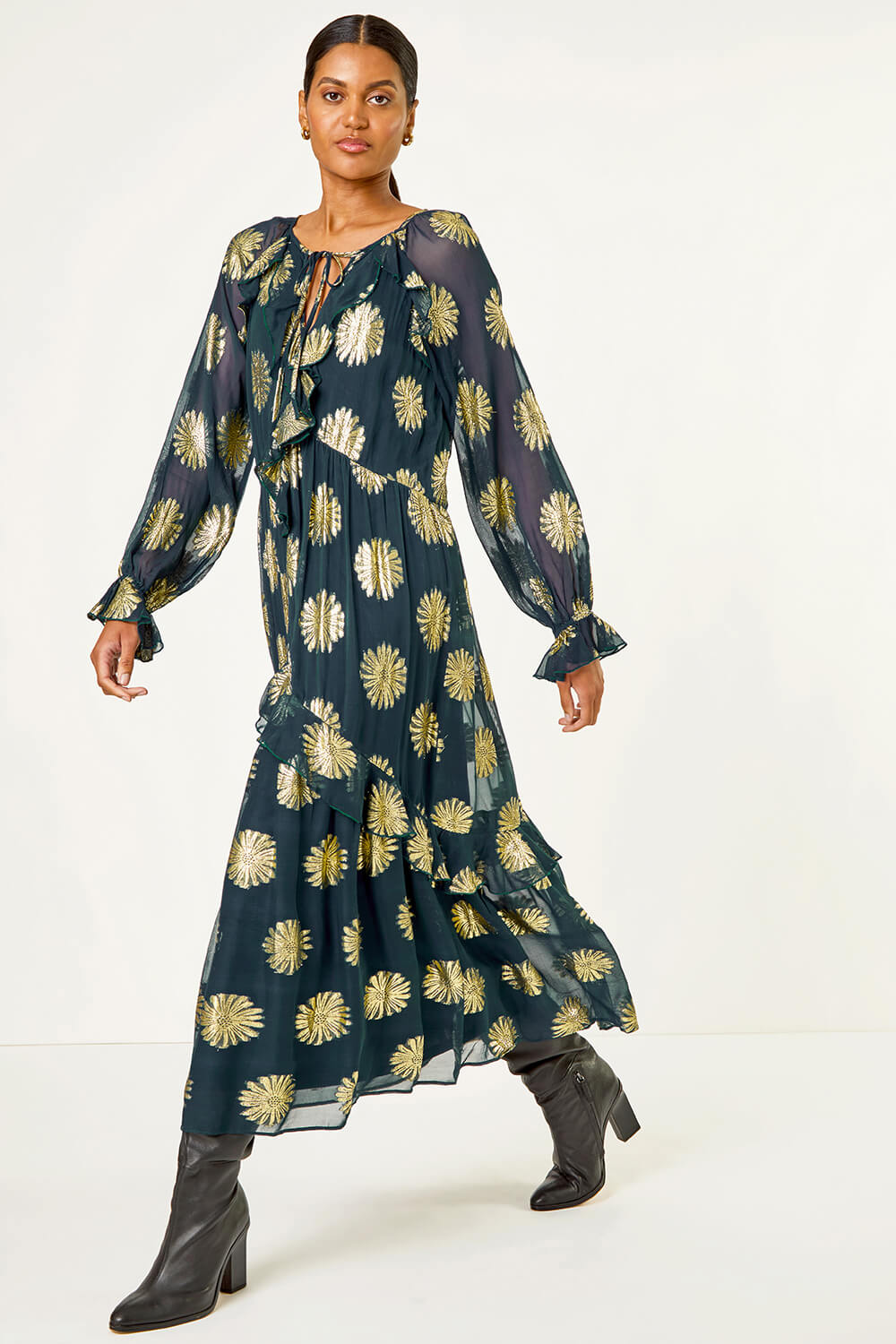 Teal Frill Brocade Midi Dress, Image 3 of 5