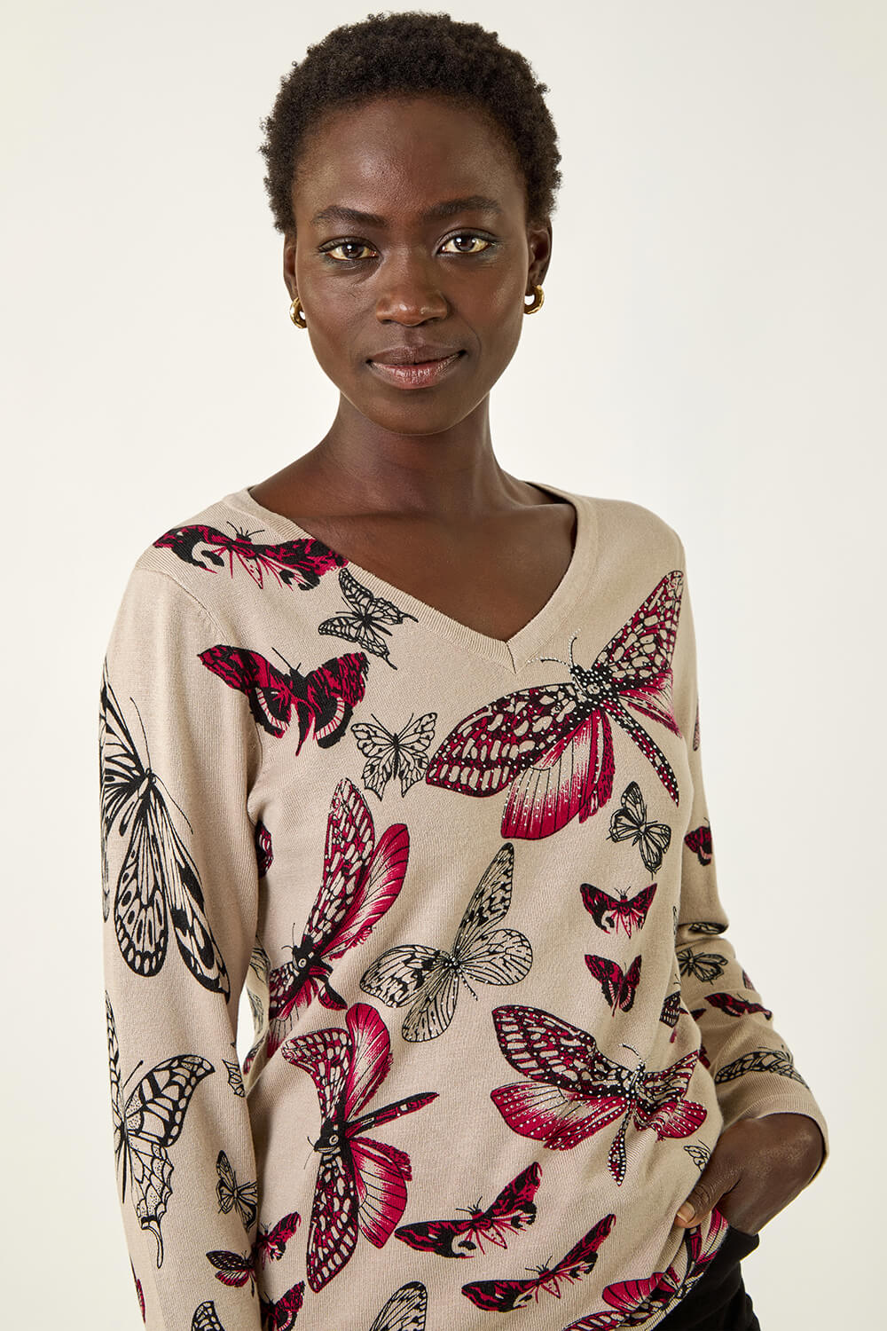 Grey Butterfly V-Neck Knit Jumper, Image 5 of 5