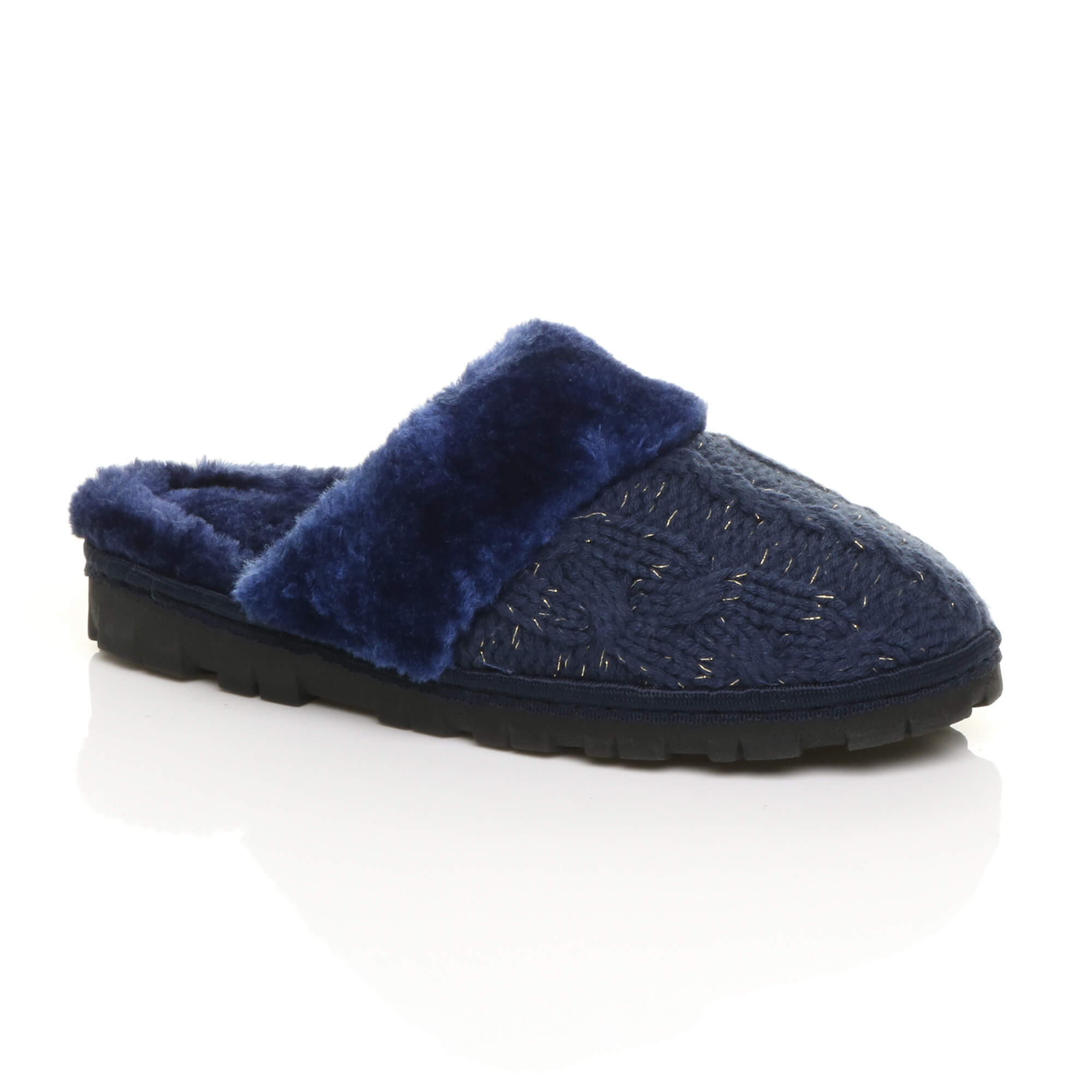 Navy Blue AJVANI Navy Blue Glitter Knitted Mules Slippers, Image 1 of 5