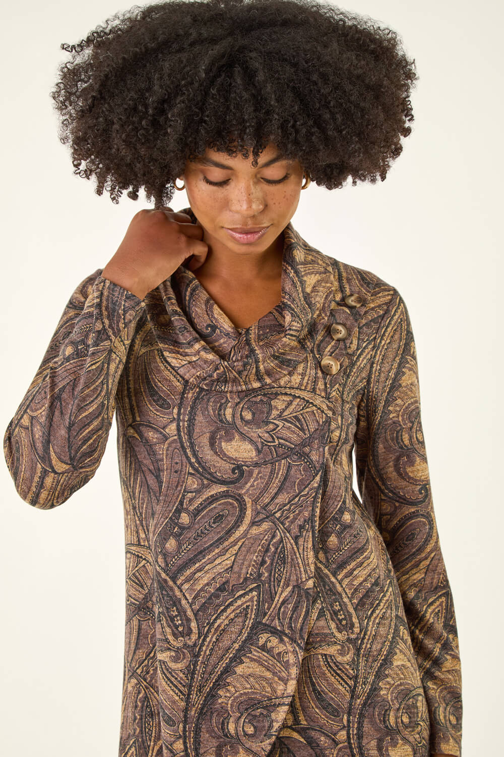 Taupe Paisley Print Cowl Neck Stretch Top, Image 5 of 5
