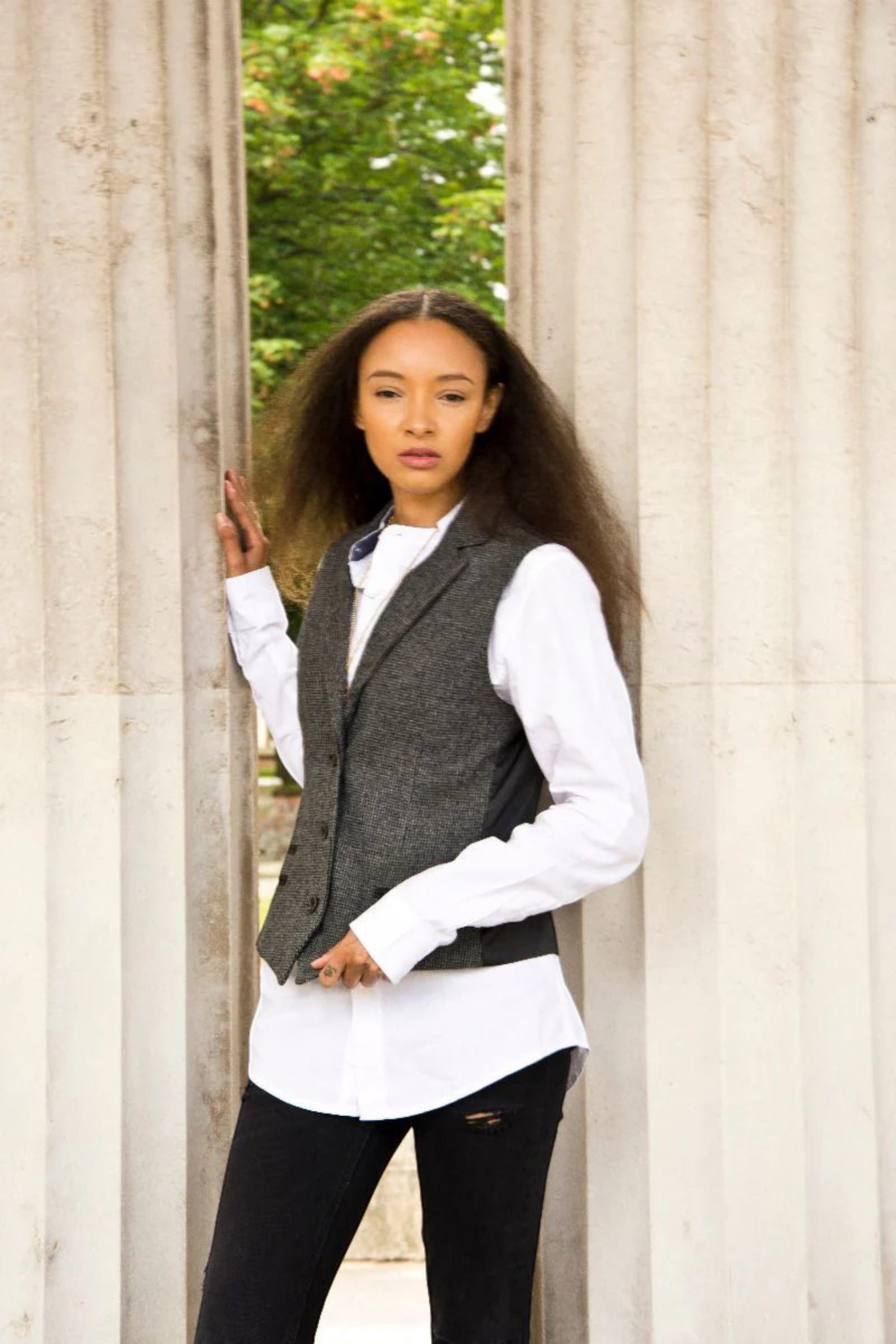 Grey Infinity Leather Grey Tweed 1920s Herringbone Grey Waistcoat, Image 2 of 5