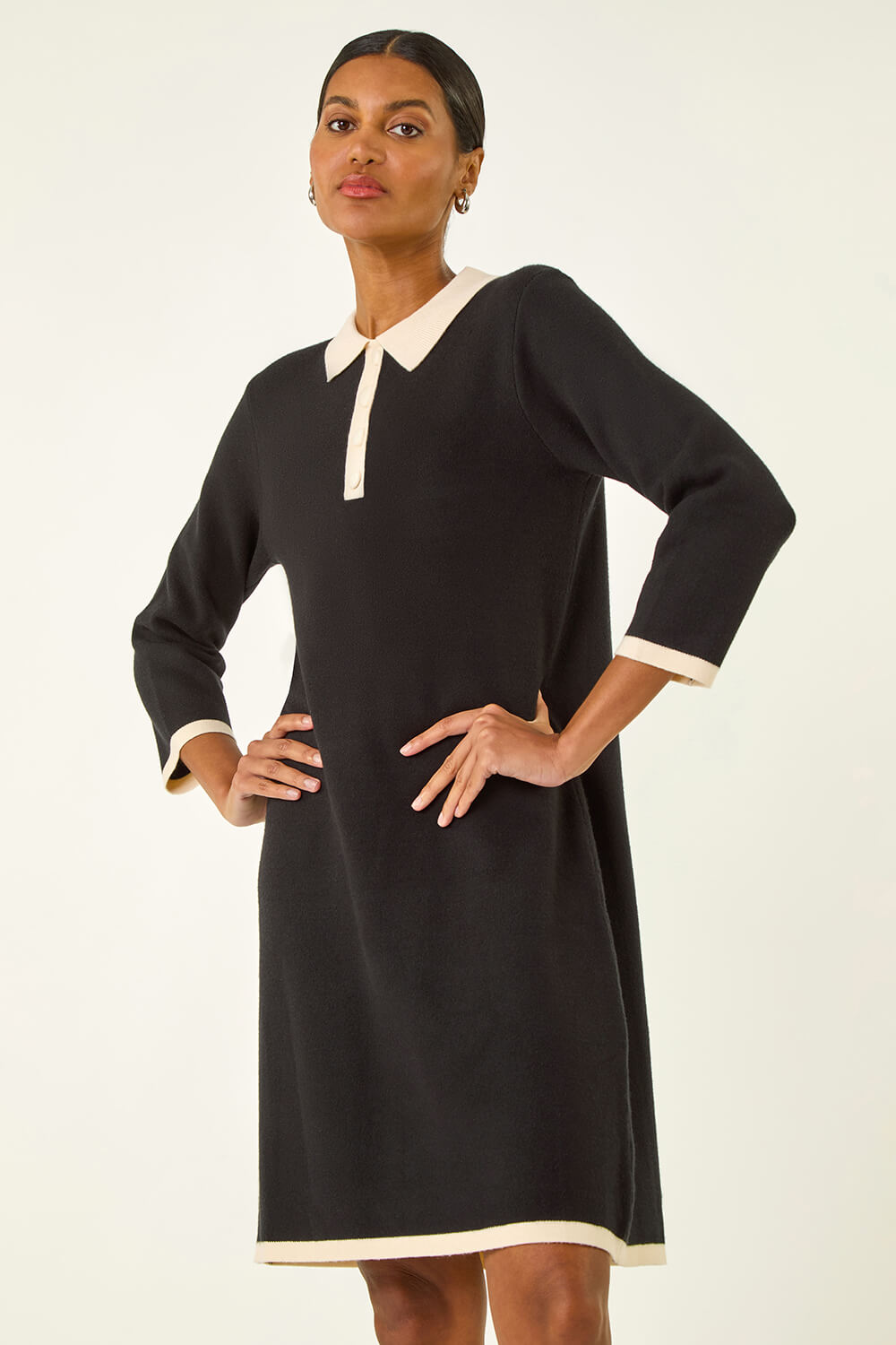 Black Button Detail Knitted Dress, Image 1 of 5