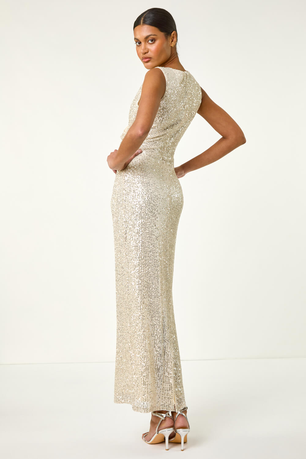 Silver Sequin Side Twist Wrap Maxi Dress, Image 4 of 5
