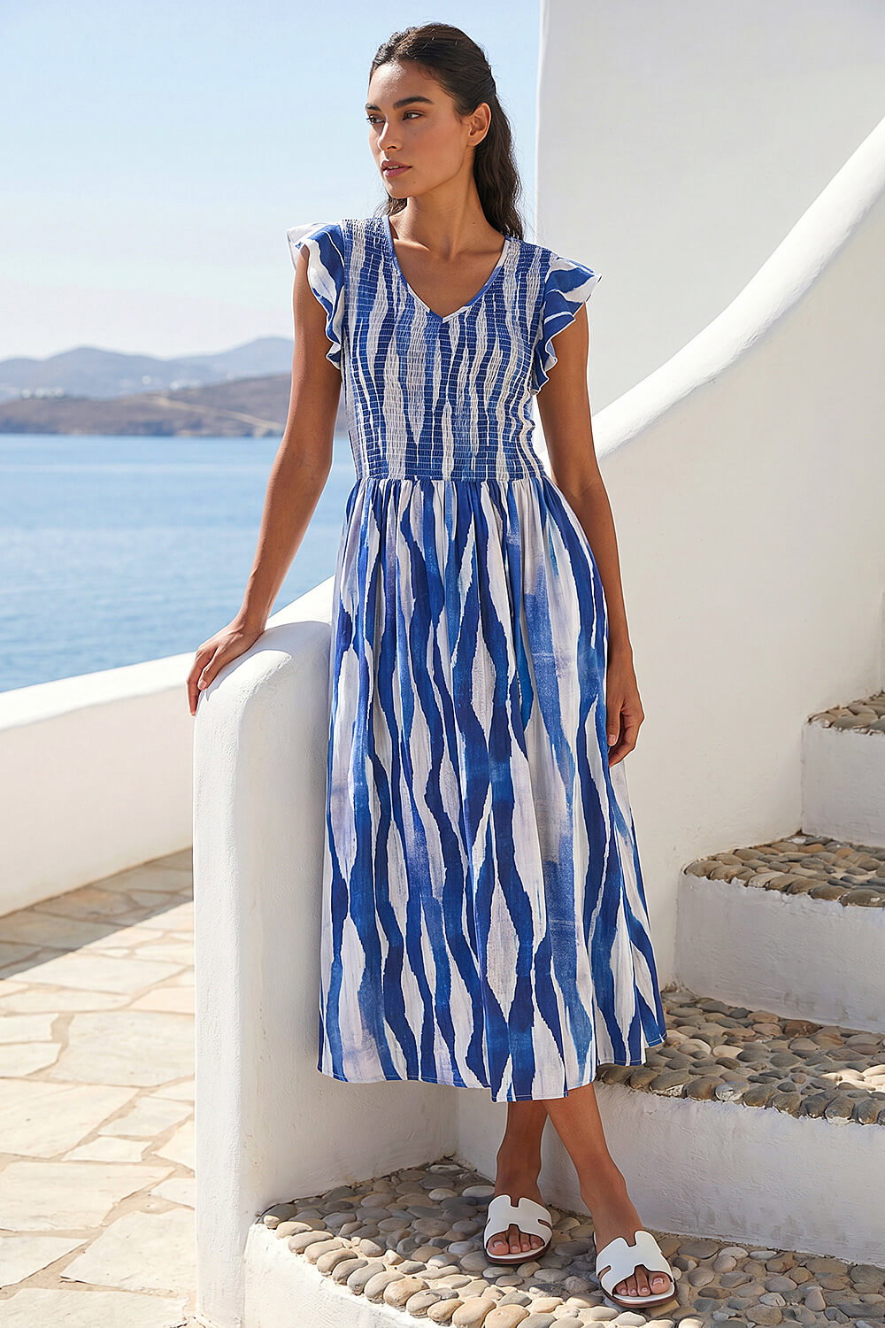 Blue Wave Print Shirred Midi Dress, Image 4 of 4