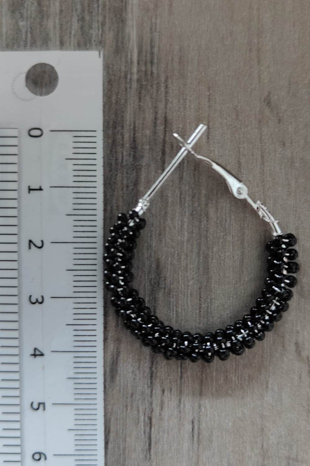 Black Large Bead Braided Boho Huggie Earrings, Image 3 of 6