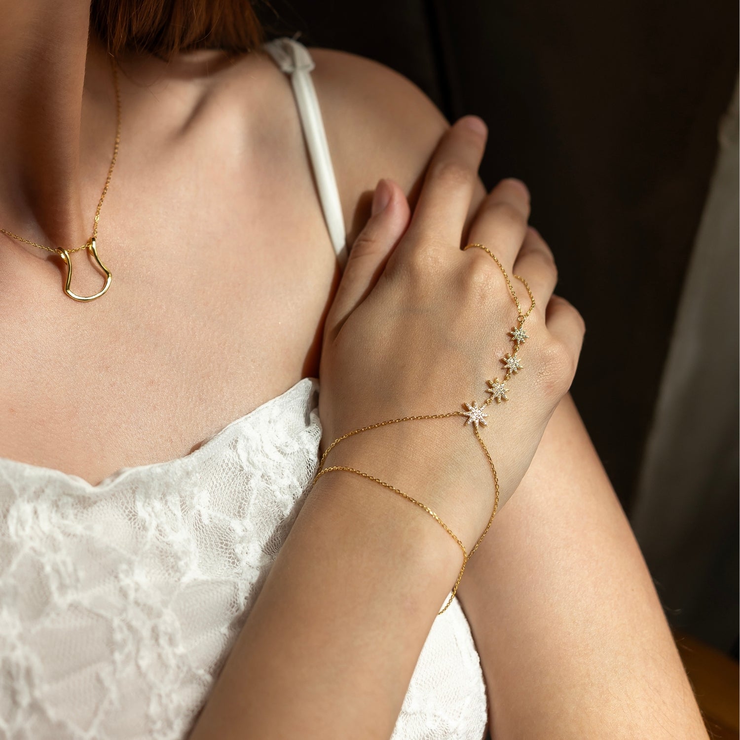 Gold Stars Of Universe Sterling Silver Gold Plated Hand Chain Ring, Image 6 of 7