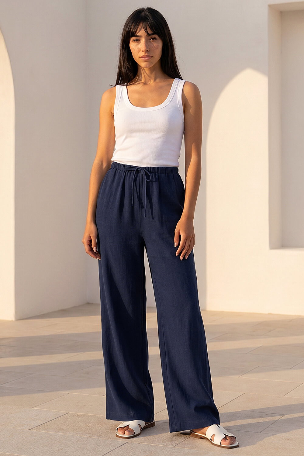 Navy  Petite Linen Blend Wide Leg Trouser, Image 1 of 4