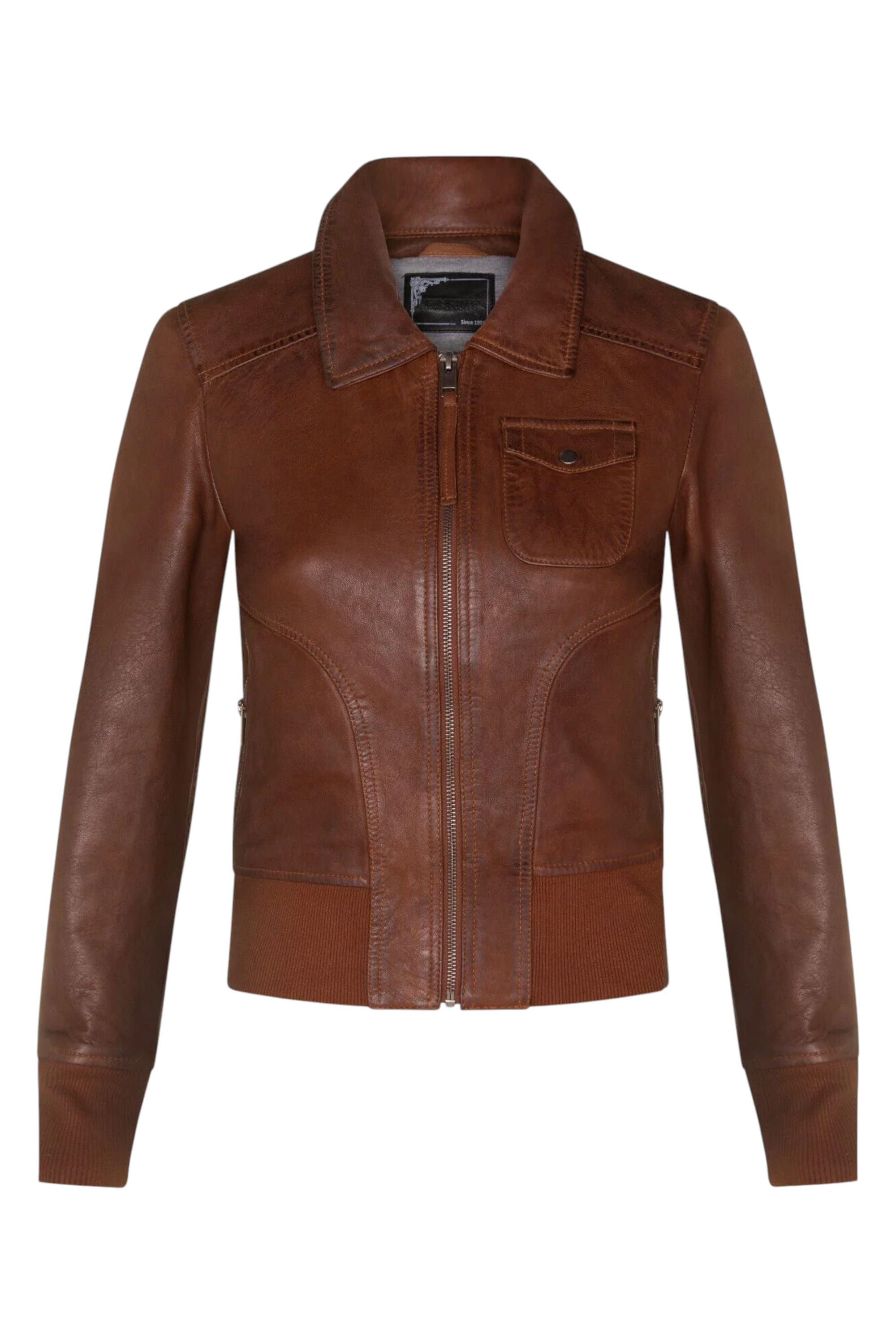 Tan Womens Varsity Bomber Jacket-Modbury, Image 1 of 4
