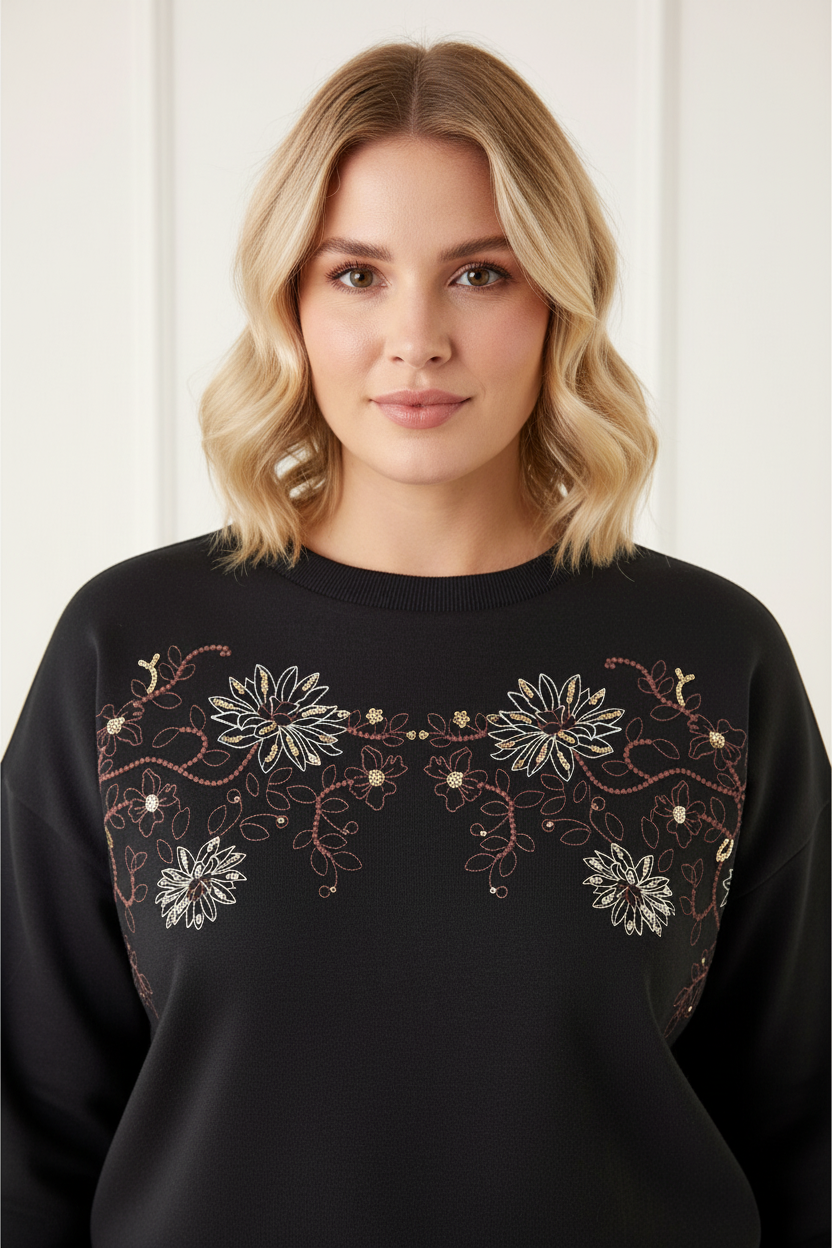 Black Floral Embroidered Sweatshirt , Image 5 of 4