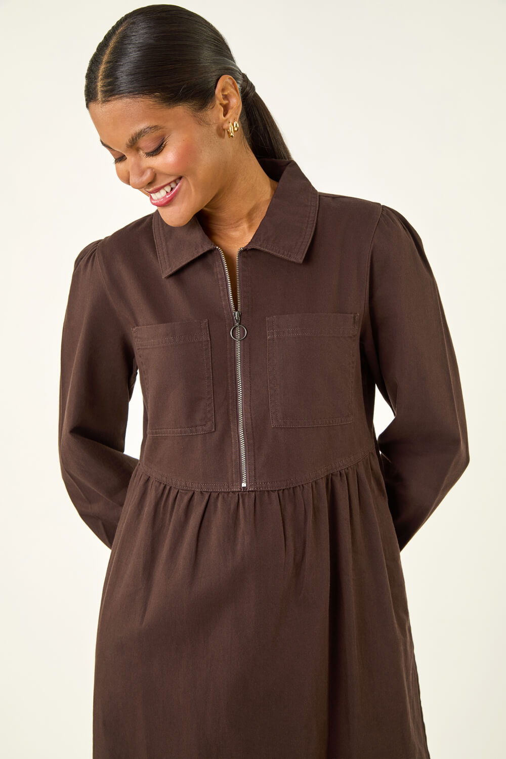 Chocolate Front Zip Midi Dress, Image 5 of 5
