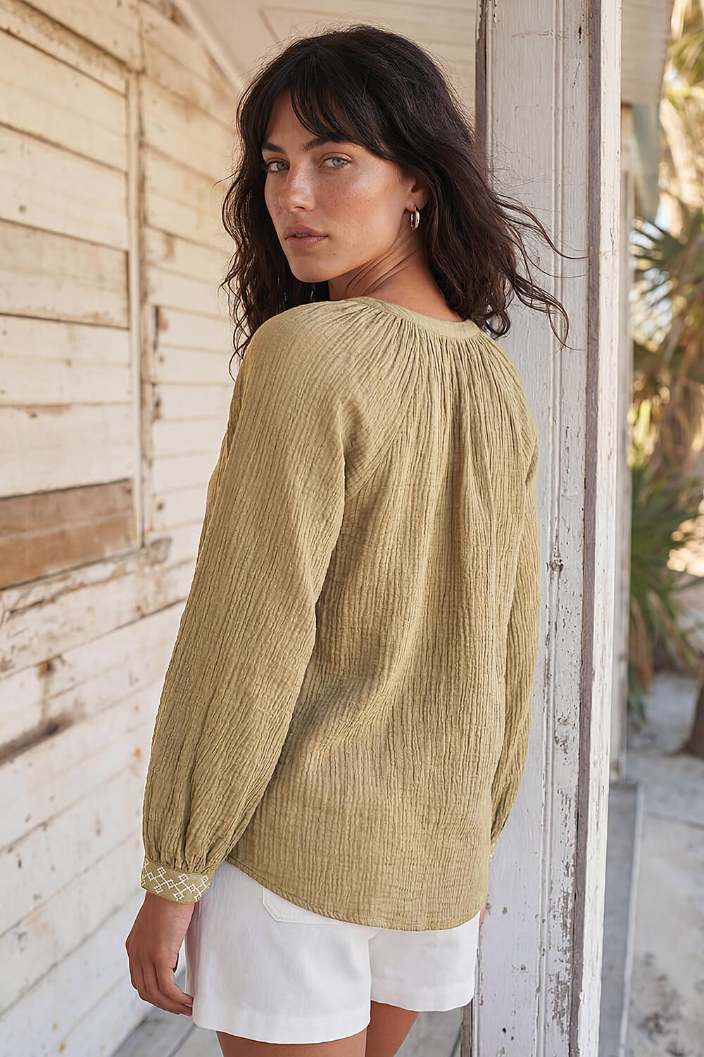 Khaki Embroidered Neck Top, Image 4 of 4