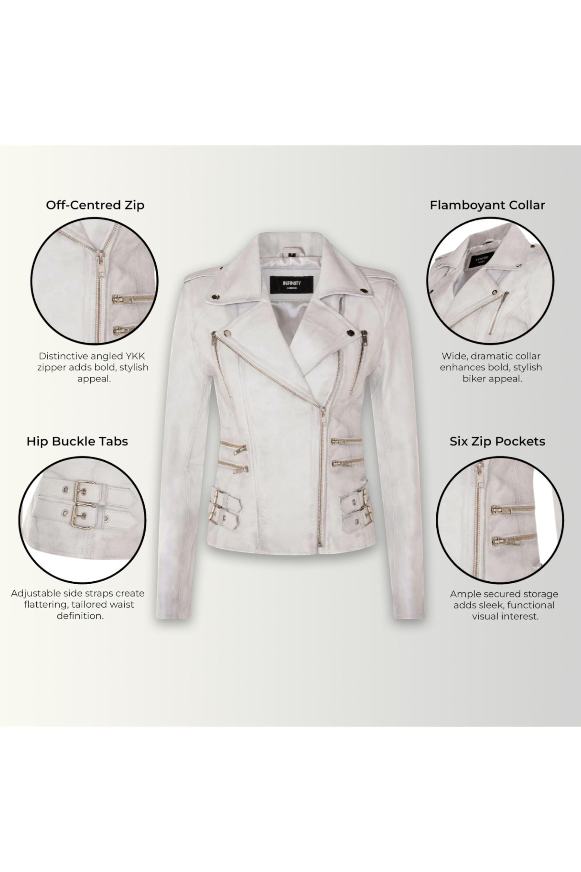 White Leather Brando Biker Jacket-Loddon, Image 3 of 6