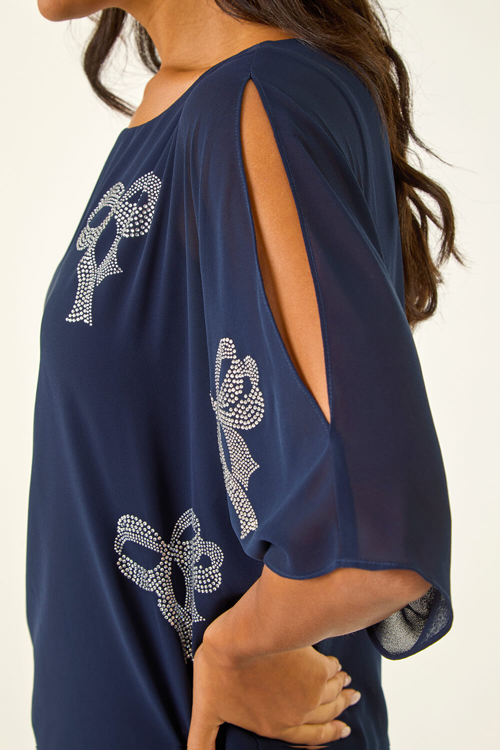 Navy  Bow Embellished Cold Shoulder Top, Image 7 of 6