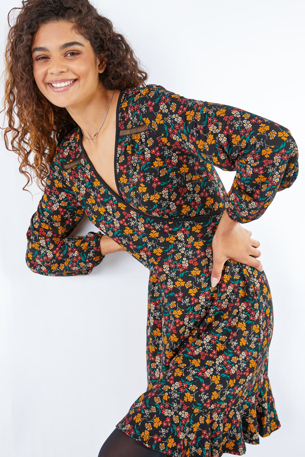Floral Wrap Stretch Fit & Flare Dress in Amber - Roman Originals UK